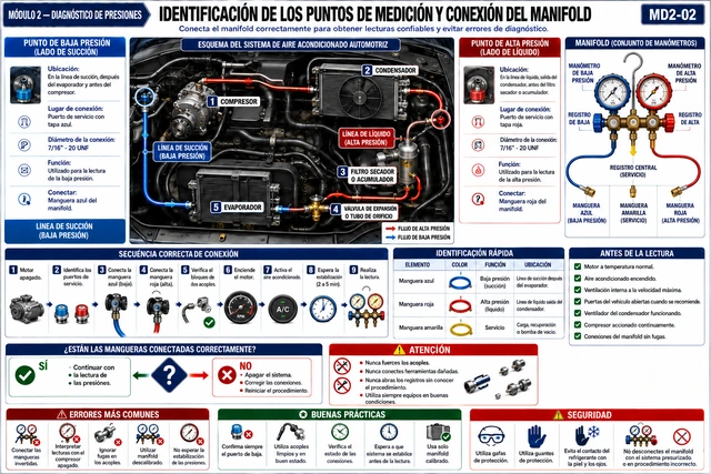 Identificación de los puntos de medición y conexión del manifold